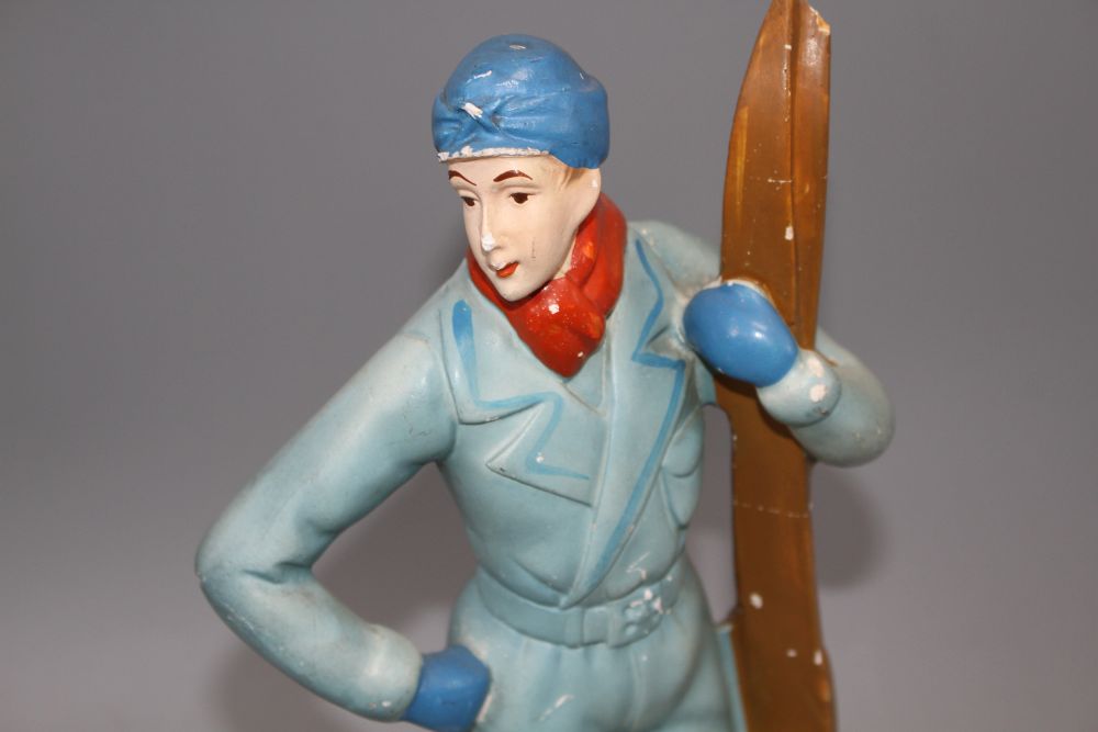 A 1930s painted plaster model of a skier, height 33cm